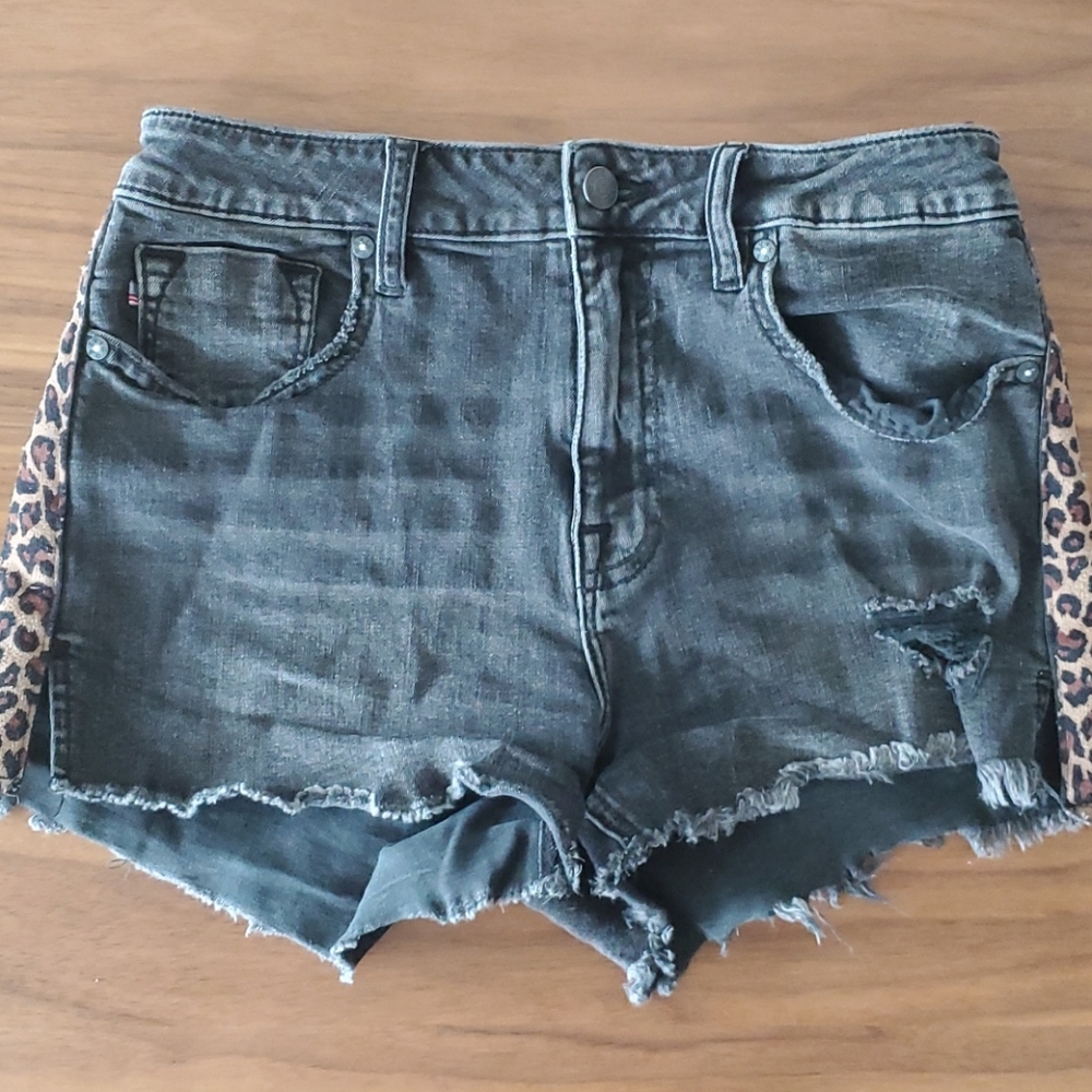 Distressed Black High Rise Shorts w/ Cheetah Print